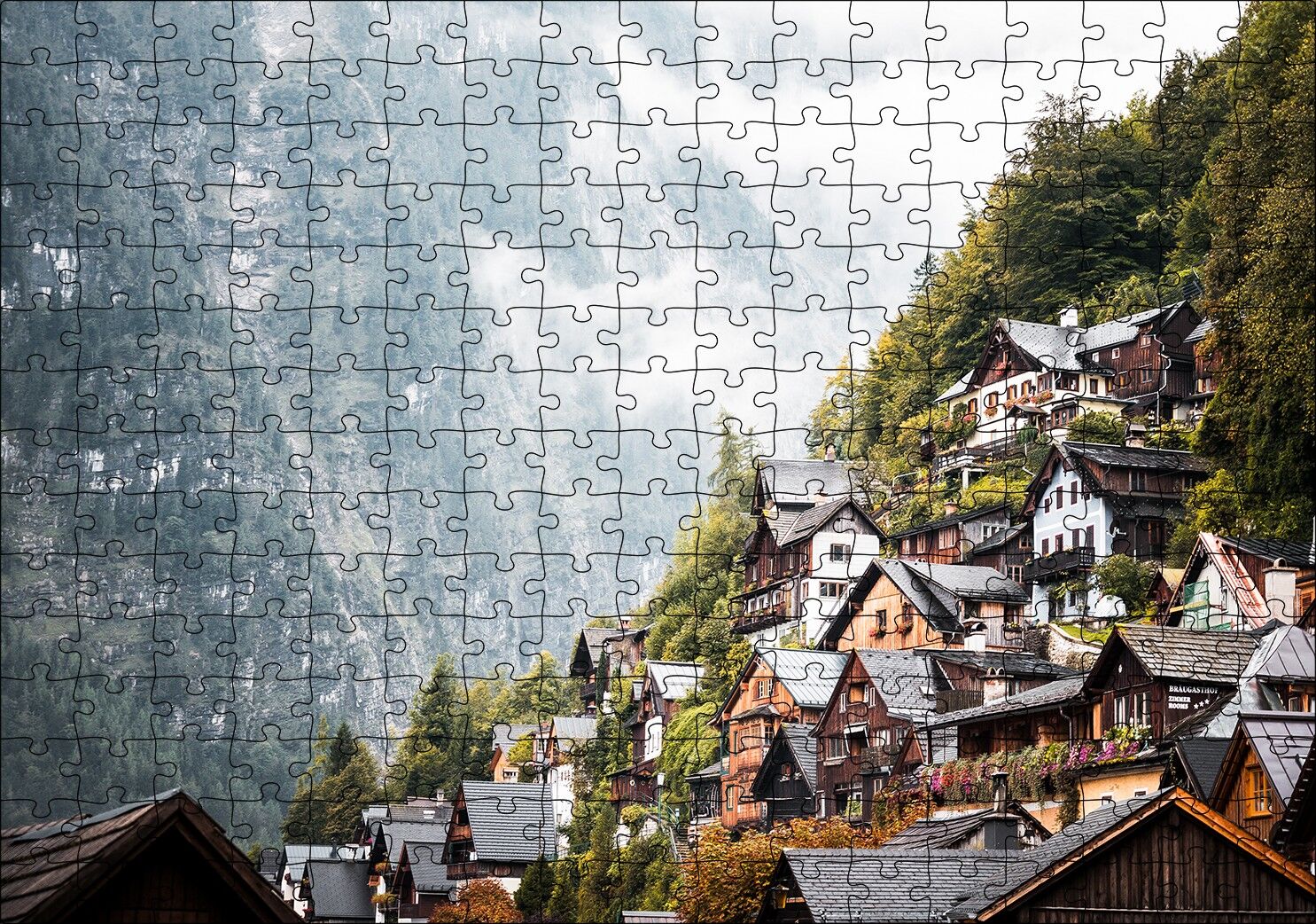 Avusturya Dağlarında Masalsı Evler Puzzle Yapboz MDF Ahşap 255 Parça 34 cm X 49 cm