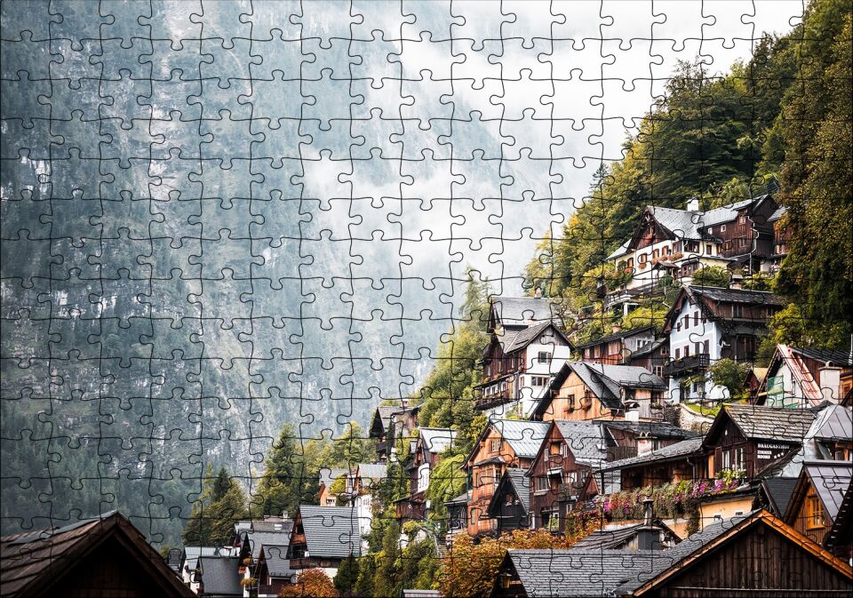 Avusturya Dağlarında Masalsı Evler Puzzle Yapboz MDF Ahşap 255 Parça 34 cm X 49 cm