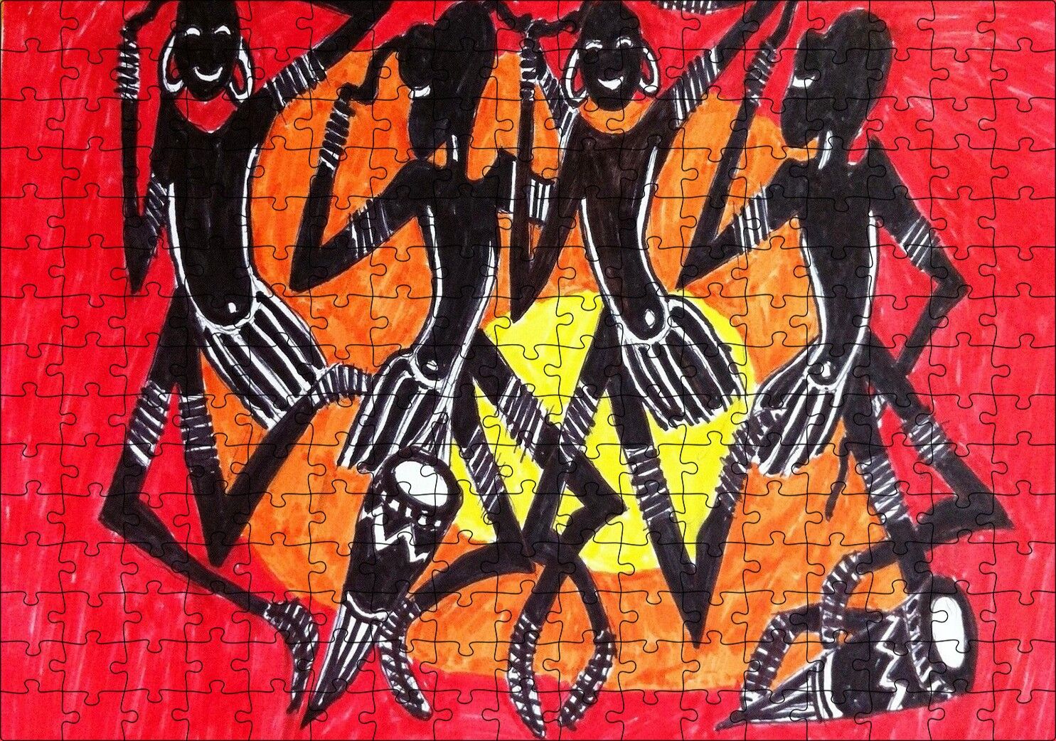 Yöresel Afrikalı Dansçılar Sarı Kırmızı Arka Plan Puzzle Yapboz MDF Ahşap 255 Parça 34 cm X 49 cm