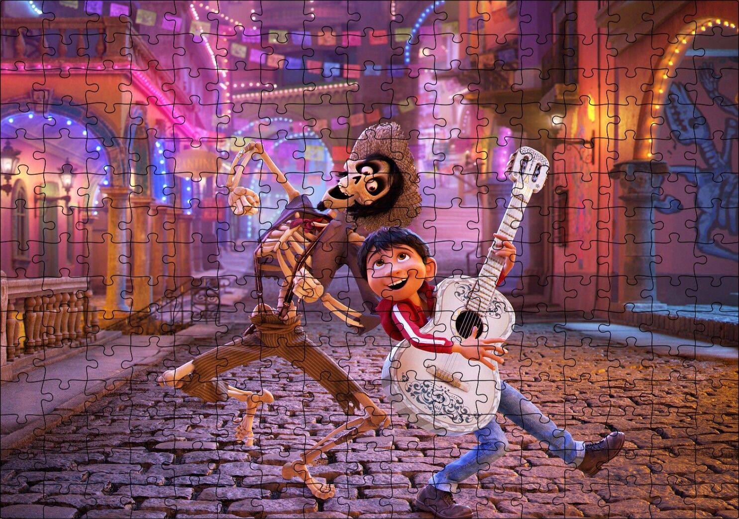 Coco Gitarist Çocuk ve İskelet Dans Ediyor Puzzle Yapboz MDF Ahşap 255 Parça 34 cm X 49 cm