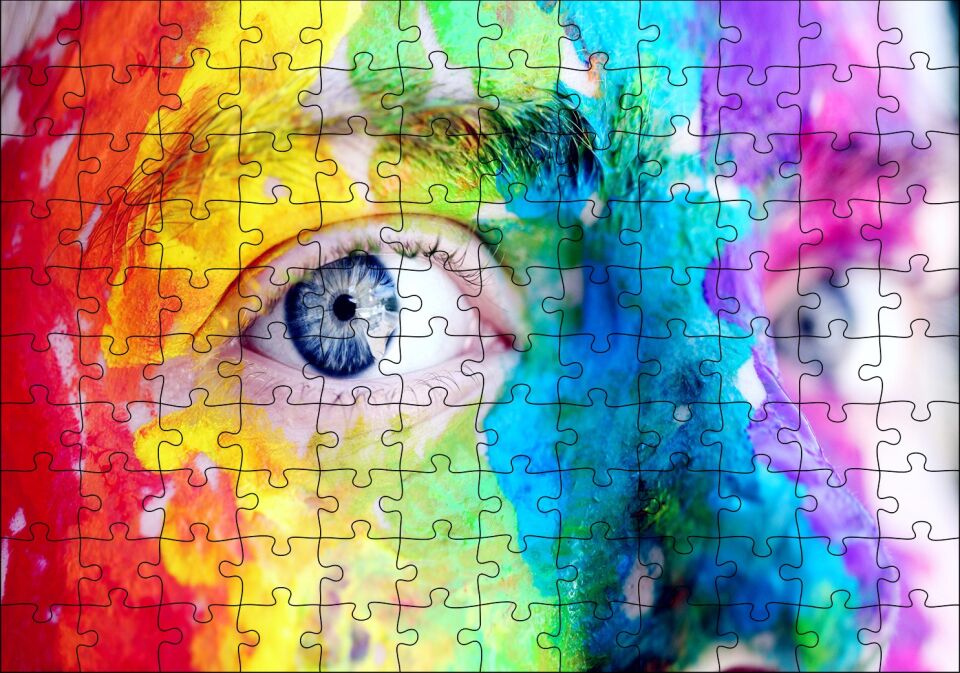 Rengarenk Boyalı Yüz ve Mavi Gözler Puzzle Yapboz MDF Ahşap
