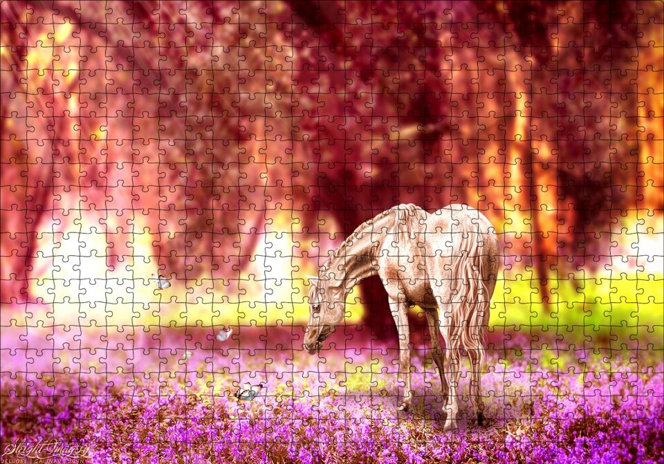 Orman Çiçekleri Kelebekler ve Beyaz At Puzzle Yapboz MDF Ahşap 500 Parça 49 cm X 68 cm