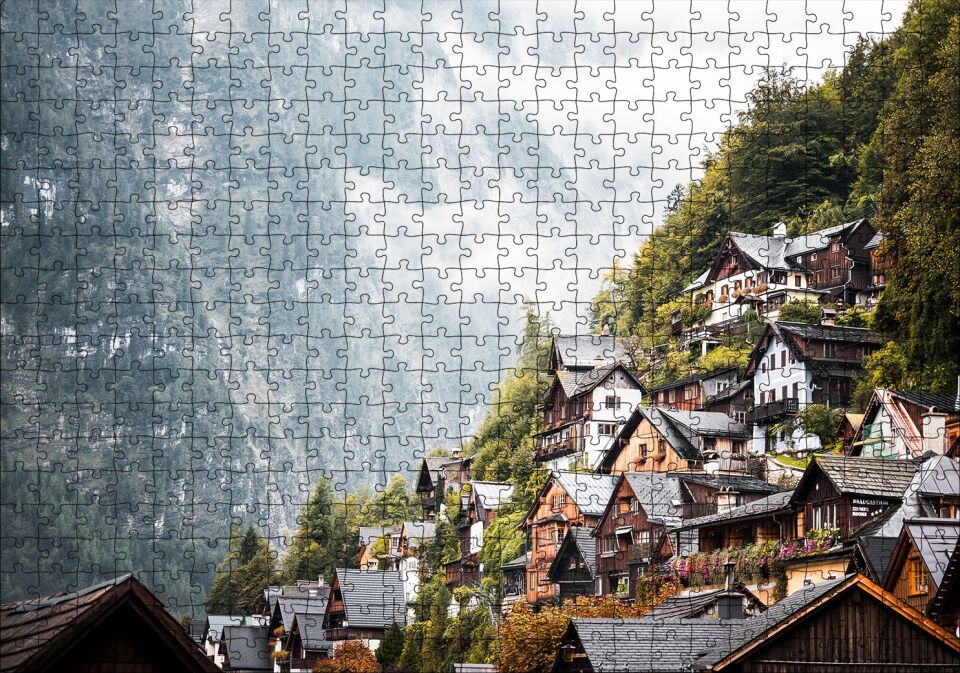 Avusturya Dağlarında Masalsı Evler Puzzle Yapboz MDF Ahşap 500 Parça 49 cm X 68 cm