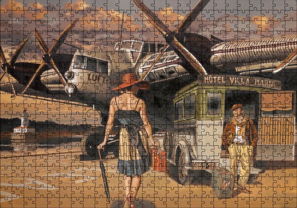 Eski Uçak Deniz Feneri ve Genç Kadın Yolcu Puzzle Yapboz MDF Ahşap 500 Parça 49 cm X 68 cm