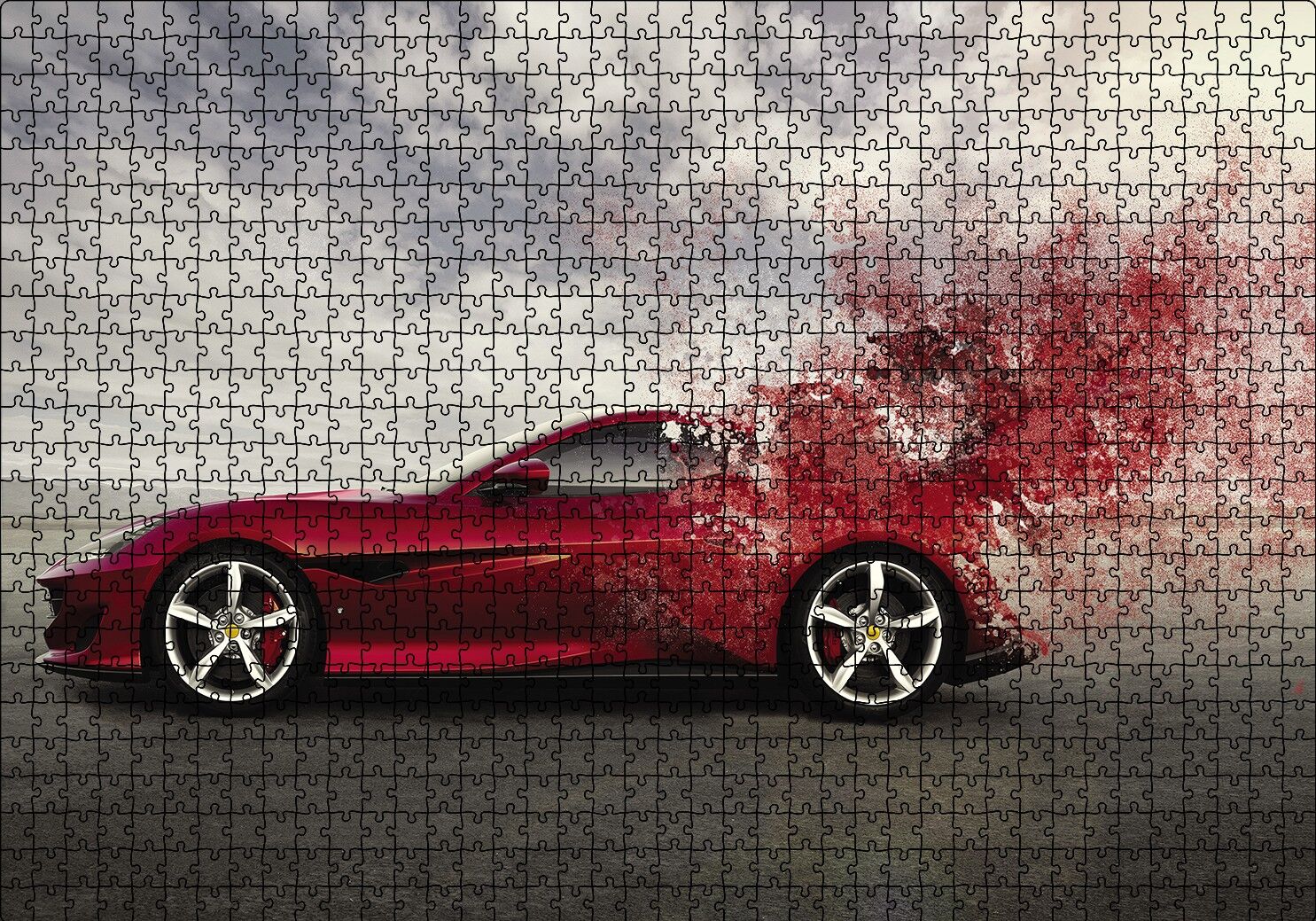 Kırmızı Ferrari Otomobil Puzzle Yapboz MDF Ahşap 1000 Parça 49 cm X 68 cm