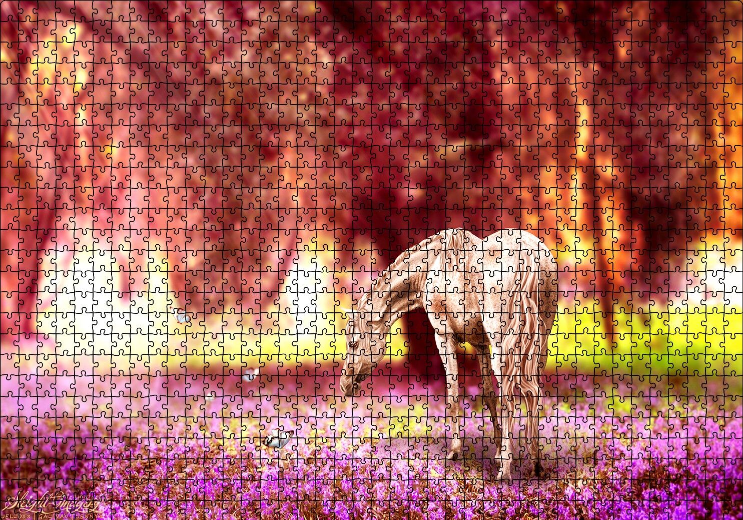 Orman Çiçekleri Kelebekler ve Beyaz At Puzzle Yapboz MDF Ahşap 1000 Parça 49 cm X 68 cm
