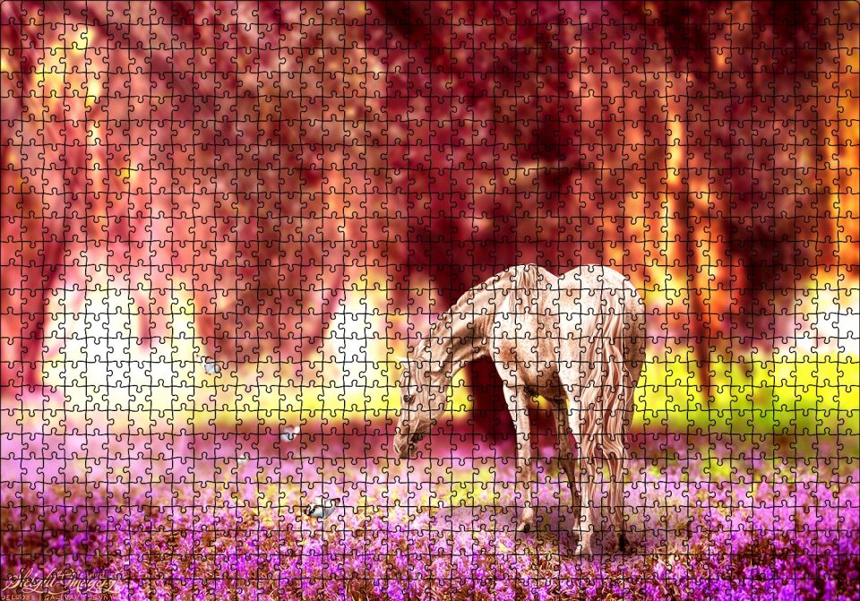 Orman Çiçekleri Kelebekler ve Beyaz At Puzzle Yapboz MDF Ahşap 1000 Parça 49 cm X 68 cm