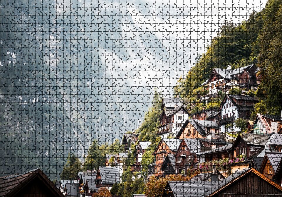 Avusturya Dağlarında Masalsı Evler Puzzle Yapboz MDF Ahşap 1000 Parça 49 cm X 68 cm