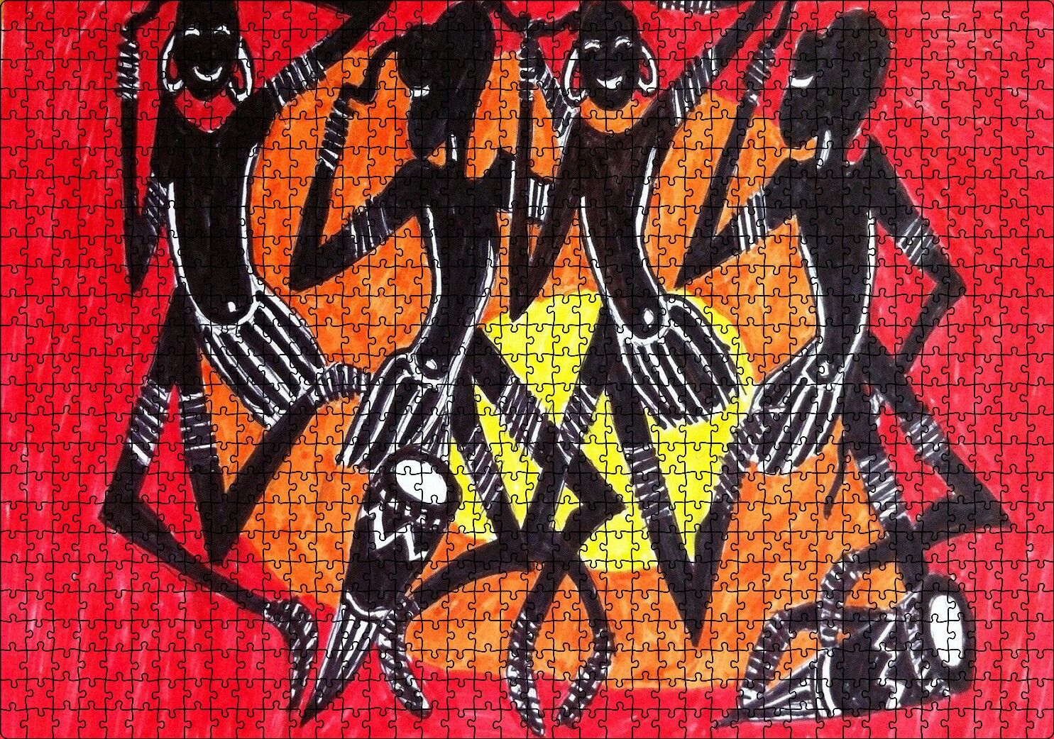 Yöresel Afrikalı Dansçılar Sarı Kırmızı Arka Plan Puzzle Yapboz MDF Ahşap 1000 Parça 49 cm X 68 cm