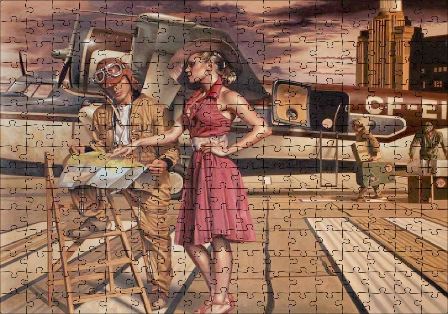 Eski Uçak Pilot ve Kırmızı Elbiseli Kadın Puzzle Yapboz MDF Ahşap 255 Parça 34 cm X 49 cm