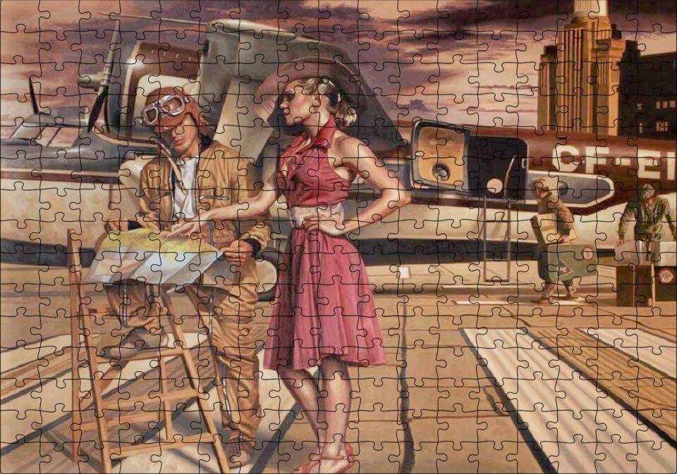 Eski Uçak Pilot ve Kırmızı Elbiseli Kadın Puzzle Yapboz MDF Ahşap 255 Parça 34 cm X 49 cm