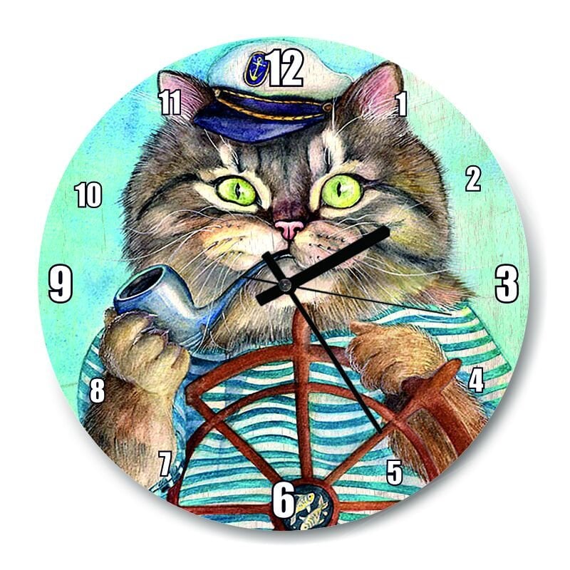 Kaptan Kedi  Mdf Ahşap Duvar Saati 30 cm Çap