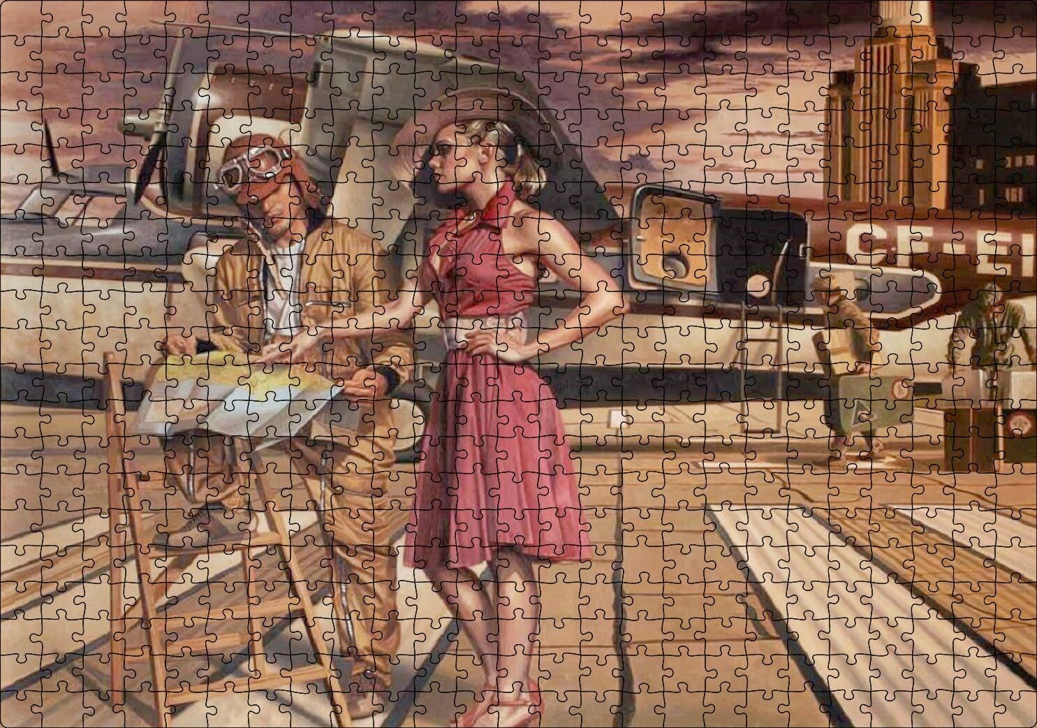 Eski Uçak Pilot ve Kırmızı Elbiseli Kadın Puzzle Yapboz MDF Ahşap 500 Parça 49 cm X 68 cm