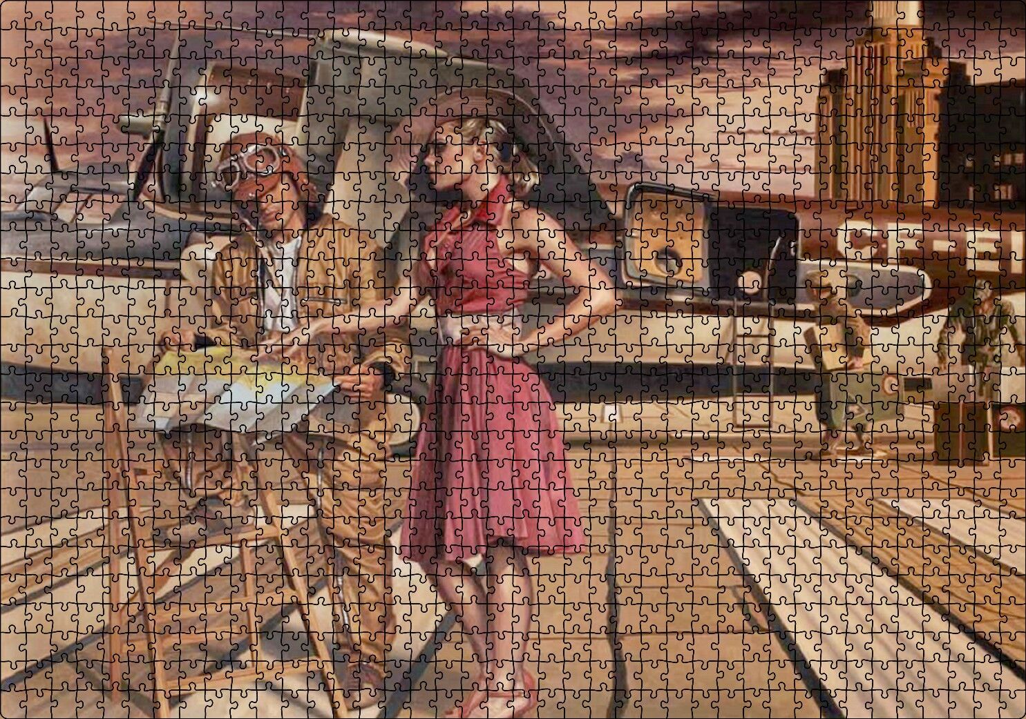 Eski Uçak Pilot ve Kırmızı Elbiseli Kadın Puzzle Yapboz MDF Ahşap 1000 Parça 49 cm X 68 cm