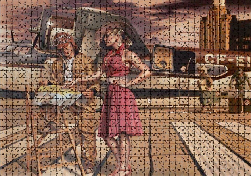 Eski Uçak Pilot ve Kırmızı Elbiseli Kadın Puzzle Yapboz MDF Ahşap 1000 Parça 49 cm X 68 cm