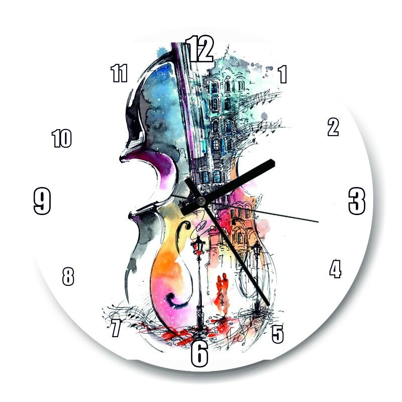 Keman ve İçinde Yaşayan Şehir Suluboya  Mdf Ahşap Duvar Saati