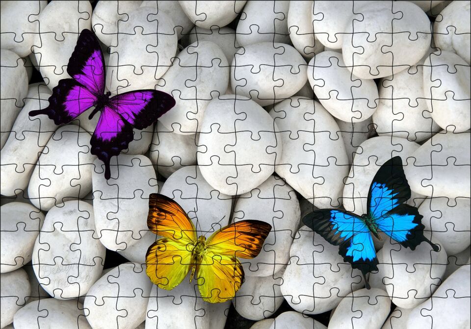 Taşların Üzerinde Renkli Kelebekler Puzzle Yapboz MDF Ahşap 120 Parça 24 cm X 34 cm