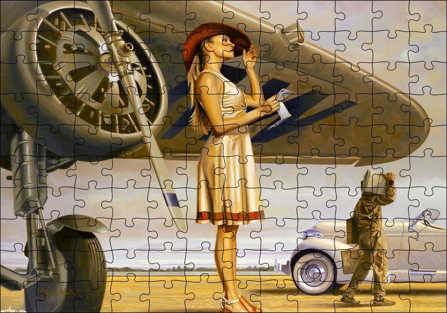 Eski Uçak ve Beyaz Elbiseli Mektup Okuyan Kadın Puzzle Yapboz MDF Ahşap 120 Parça 24 cm X 34 cm