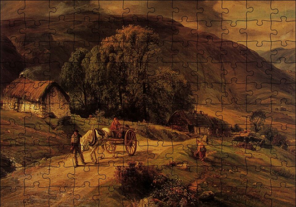 Kulübe Ağaçlar Dağlar ve At Arabası Puzzle Yapboz MDF Ahşap