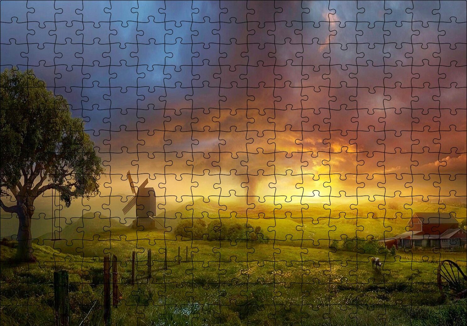 Günbatımı Yeldeğirmeni ve Hortum Puzzle Yapboz MDF Ahşap 255 Parça 34 cm X 49 cm