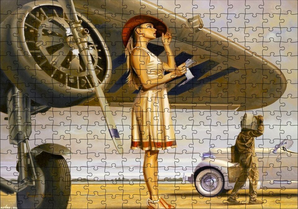 Eski Uçak ve Beyaz Elbiseli Mektup Okuyan Kadın Puzzle Yapboz MDF Ahşap 255 Parça 34 cm X 49 cm