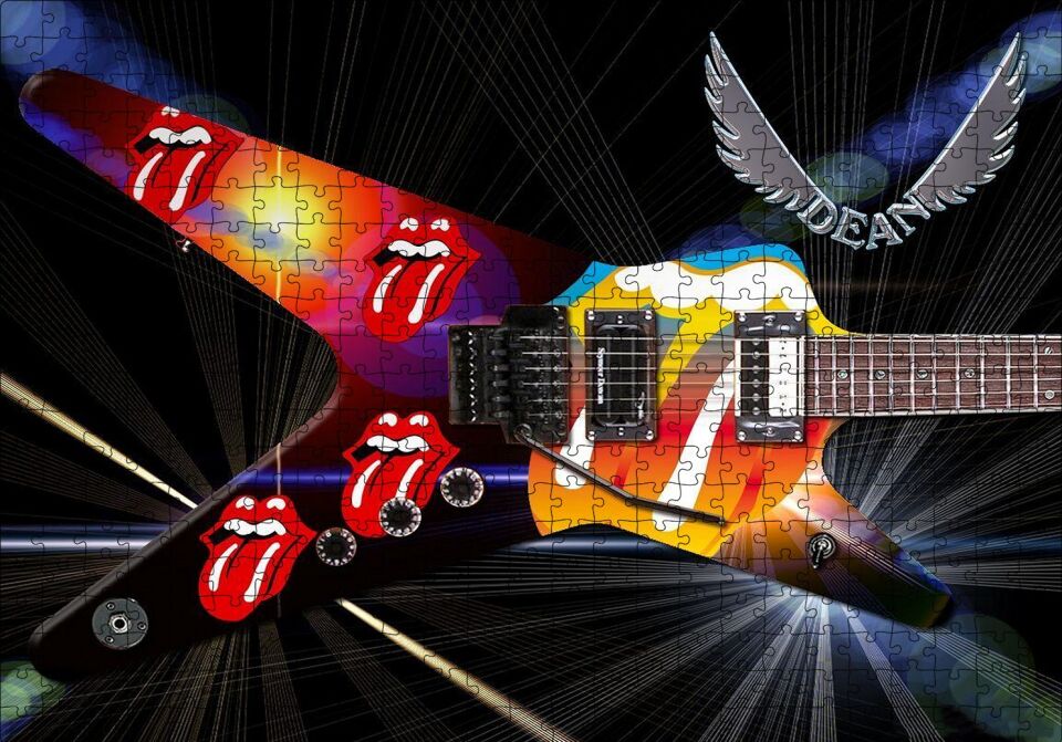 Elektrogitar Kırmızı Dudaklar ve Dil Puzzle Yapboz MDF Ahşap 500 Parça 49 cm X 68 cm
