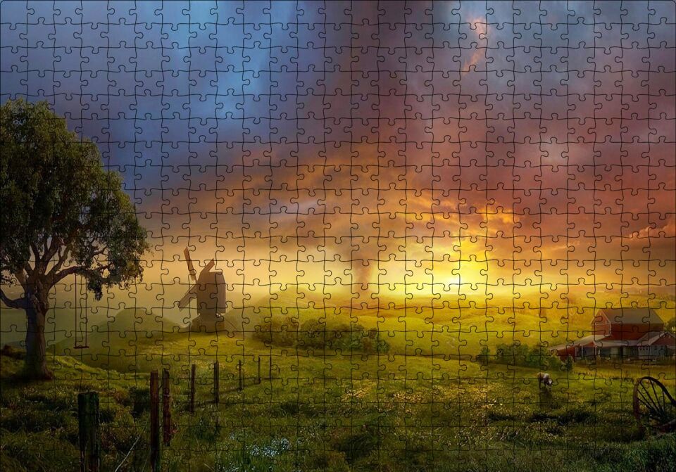 Günbatımı Yeldeğirmeni ve Hortum Puzzle Yapboz MDF Ahşap 500 Parça 49 cm X 68 cm
