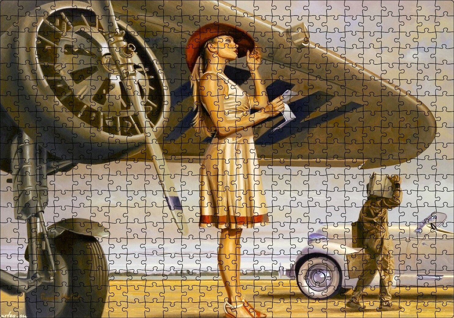 Eski Uçak ve Beyaz Elbiseli Mektup Okuyan Kadın Puzzle Yapboz MDF Ahşap 500 Parça 49 cm X 68 cm