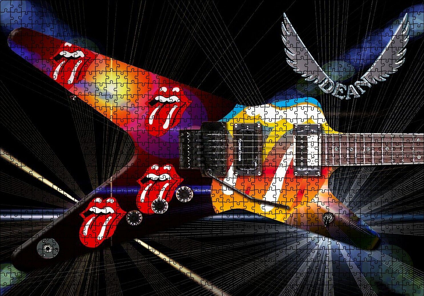 Elektrogitar Kırmızı Dudaklar ve Dil Puzzle Yapboz MDF Ahşap 1000 Parça 49 cm X 68 cm