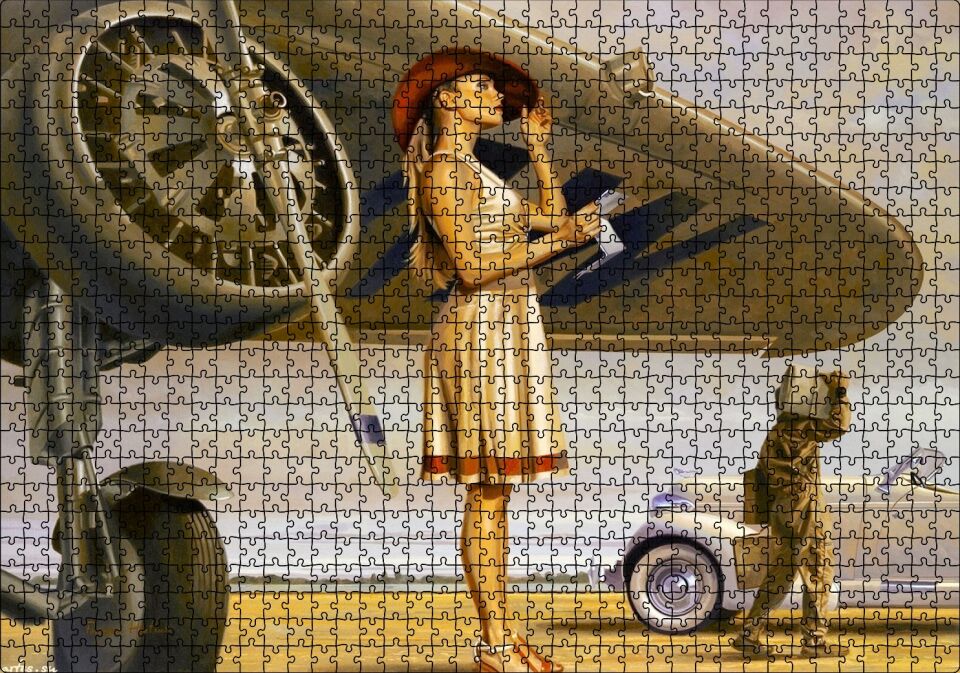 Eski Uçak ve Beyaz Elbiseli Mektup Okuyan Kadın Puzzle Yapboz MDF Ahşap 1000 Parça 49 cm X 68 cm