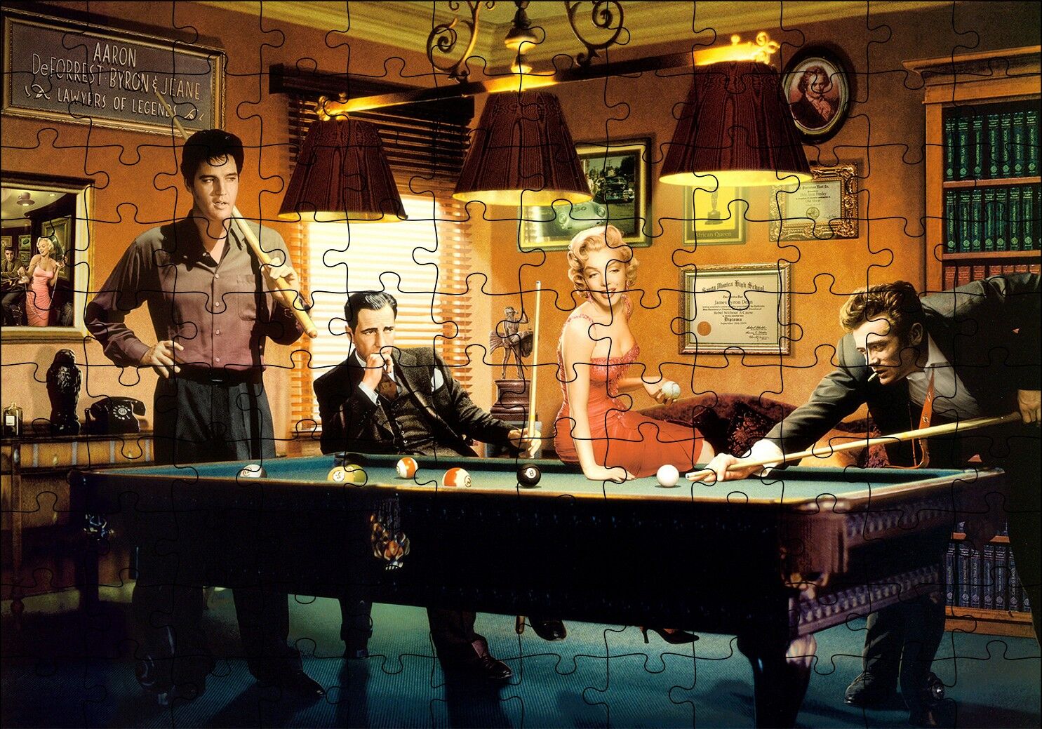 Elvis Clark Marilyn ve James Bilardo Masasında Puzzle Yapboz MDF Ahşap 120 Parça 24 cm X 34 cm