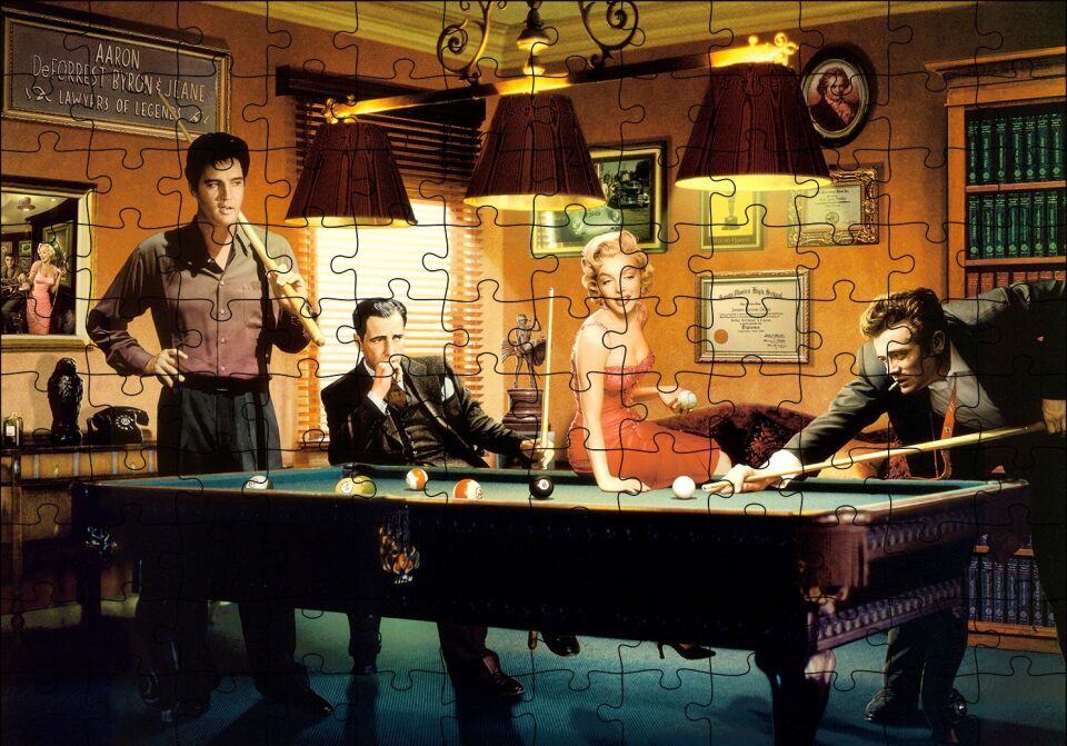 Elvis Clark Marilyn ve James Bilardo Masasında Puzzle Yapboz MDF Ahşap 120 Parça 24 cm X 34 cm