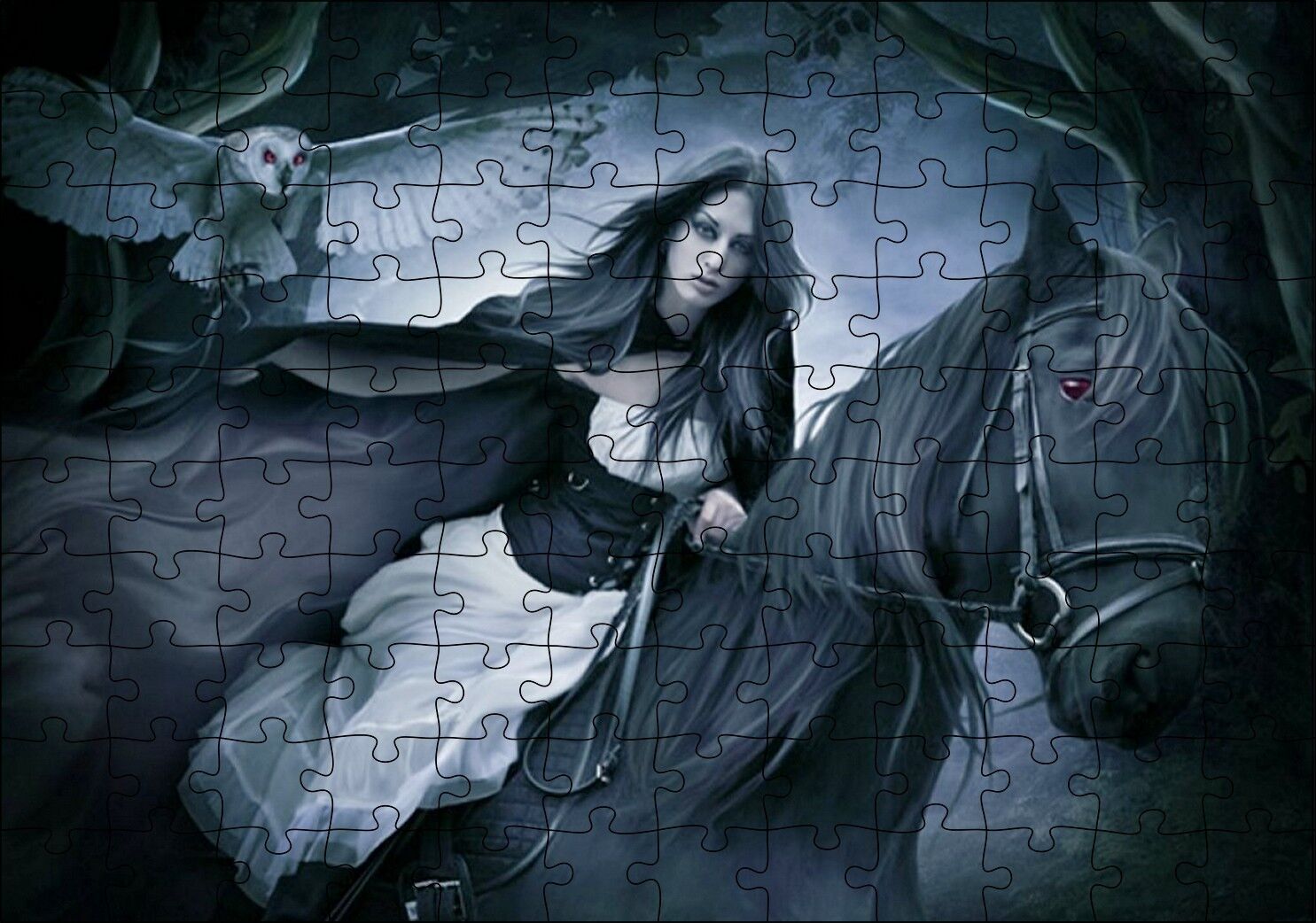 Siyah Atlı Gotik Kız ve Baykuş Puzzle Yapboz MDF Ahşap