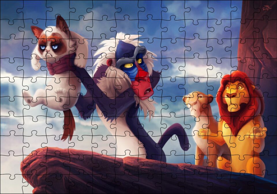 Aslan Kral Huysuz Kedi Komik Animasyon Görseli Puzzle Yapboz MDF Ahşap