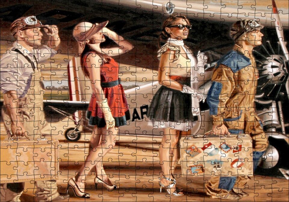 Eski Uçak, Pilotlar ve Kadın Yolcular Puzzle Yapboz MDF Ahşap 255 Parça 34 cm X 49 cm