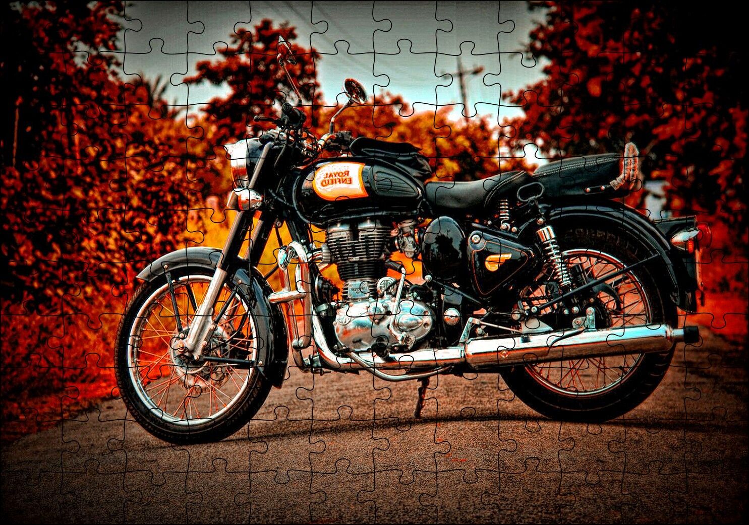 Siyah Motorsiklet ve Sonbahar Rengi Ağaçlar Puzzle Yapboz MDF Ahşap