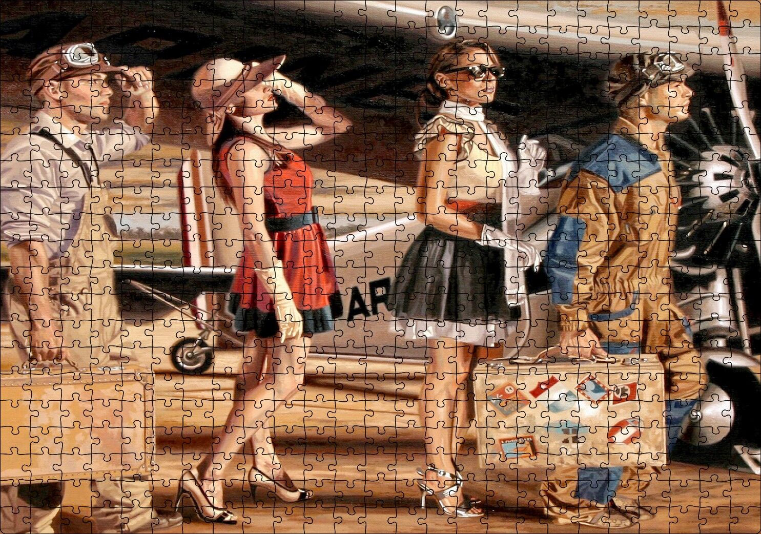 Eski Uçak, Pilotlar ve Kadın Yolcular Puzzle Yapboz MDF Ahşap 500 Parça 49 cm X 68 cm