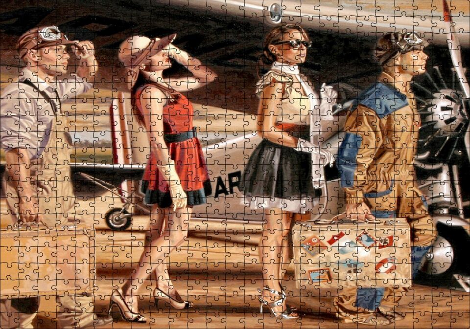 Eski Uçak, Pilotlar ve Kadın Yolcular Puzzle Yapboz MDF Ahşap 500 Parça 49 cm X 68 cm