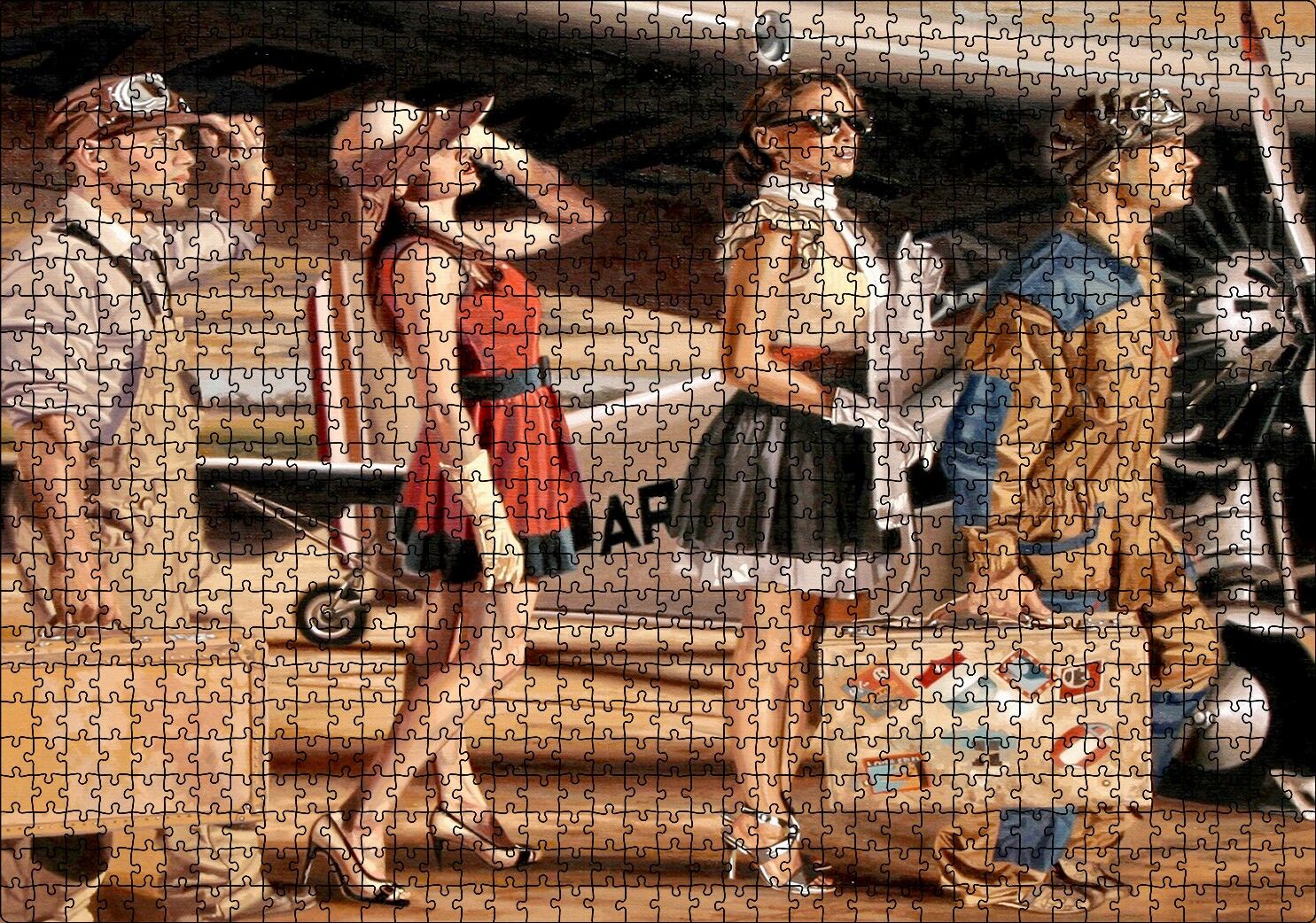 Eski Uçak, Pilotlar ve Kadın Yolcular Puzzle Yapboz MDF Ahşap 1000 Parça 49 cm X 68 cm