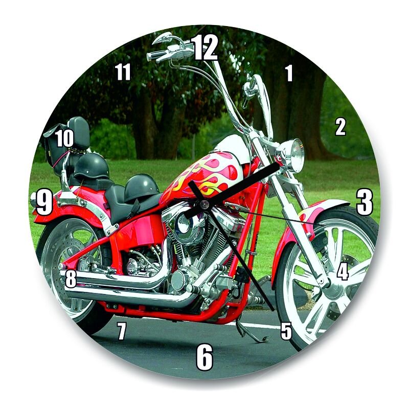 Kırmızı Alevli Chopper Motorsiklet  Mdf Ahşap Duvar Saati 50 cm Çap