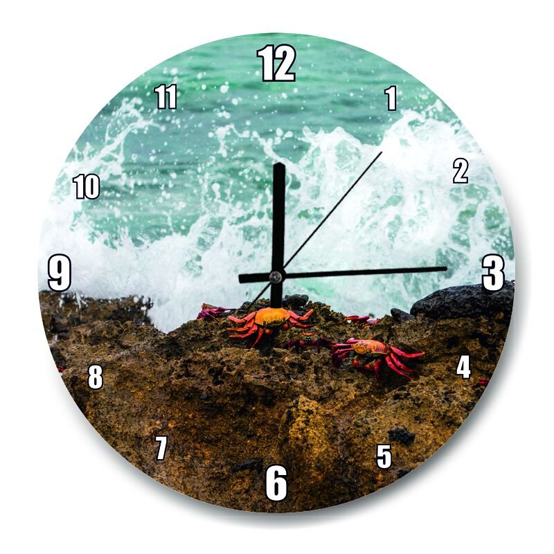 Köpüklü Dalgalar Kayalıklar ve Kırmızı Yengeçler  Mdf Ahşap Duvar Saati