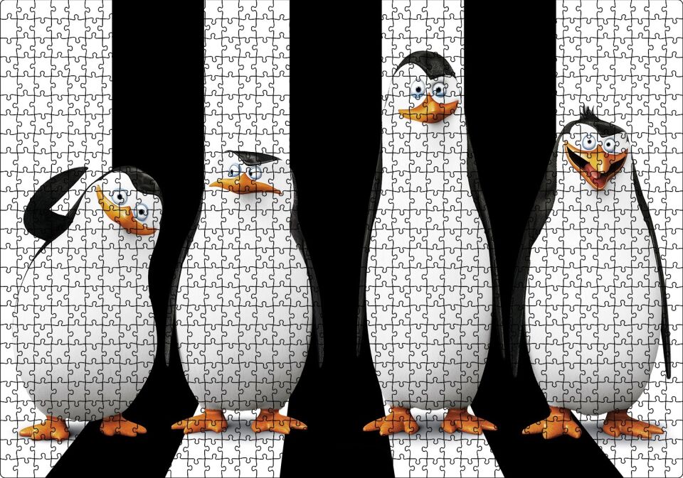 Madagaskar Penguenleri Siyah Beyaz Görseli Puzzle Yapboz MDF Ahşap 1000 Parça 49 cm X 68 cm