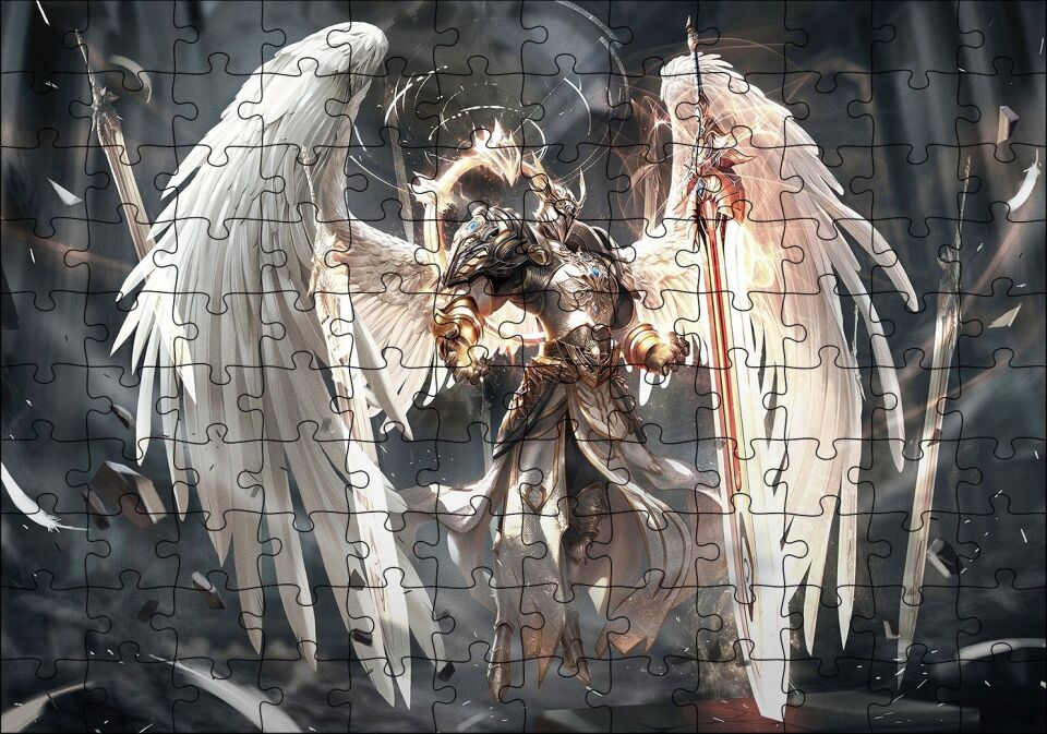 Şövalye Melek Kanatları ve Kılıçlar Puzzle Yapboz MDF Ahşap