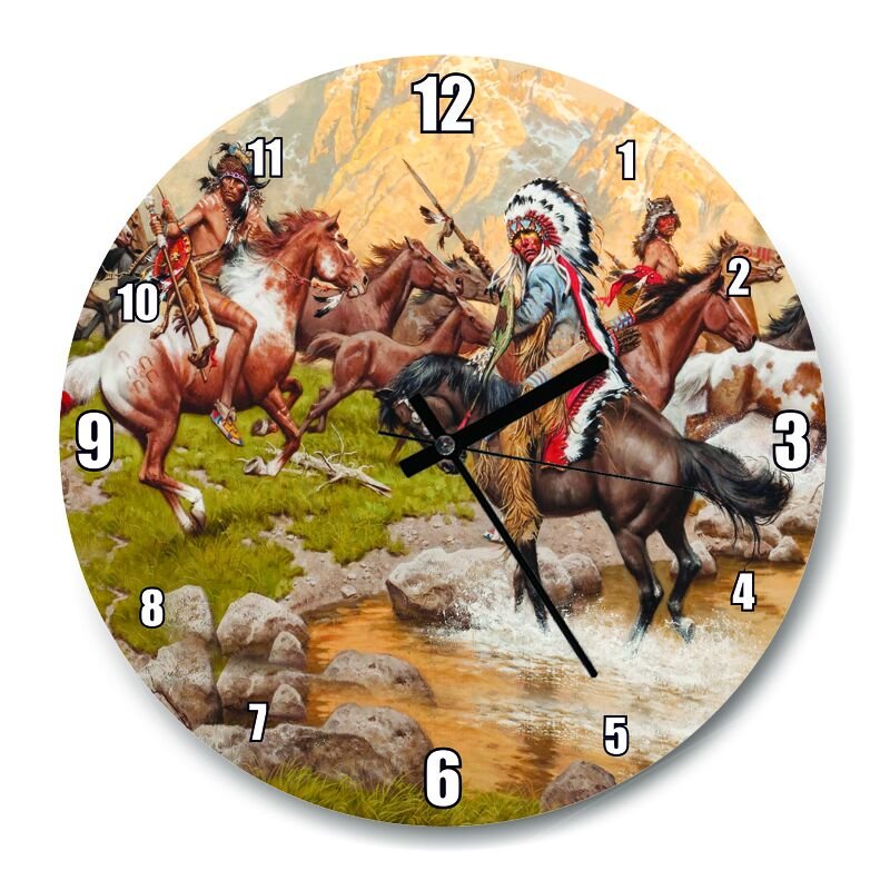 Kızılderili Vahşi Atlar  Mdf Ahşap Duvar Saati 30 cm Çap