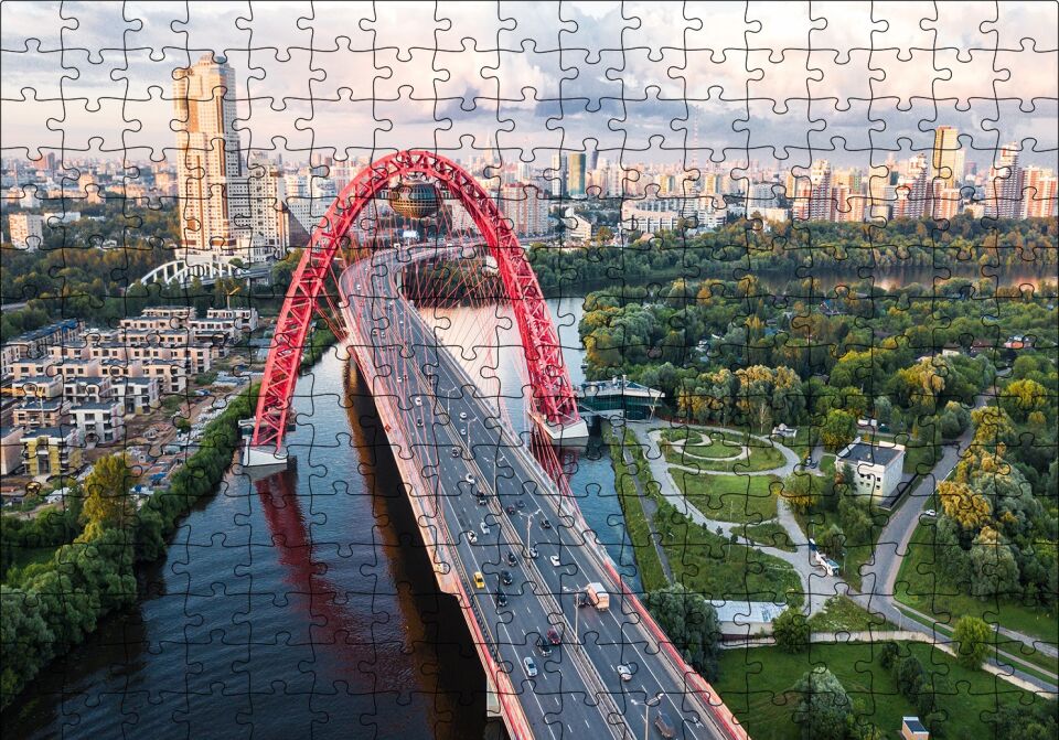 Şehir Ağaçlar Nehir ve Kırmızı Köprü Puzzle Yapboz MDF Ahşap 255 Parça 34 cm X 49 cm