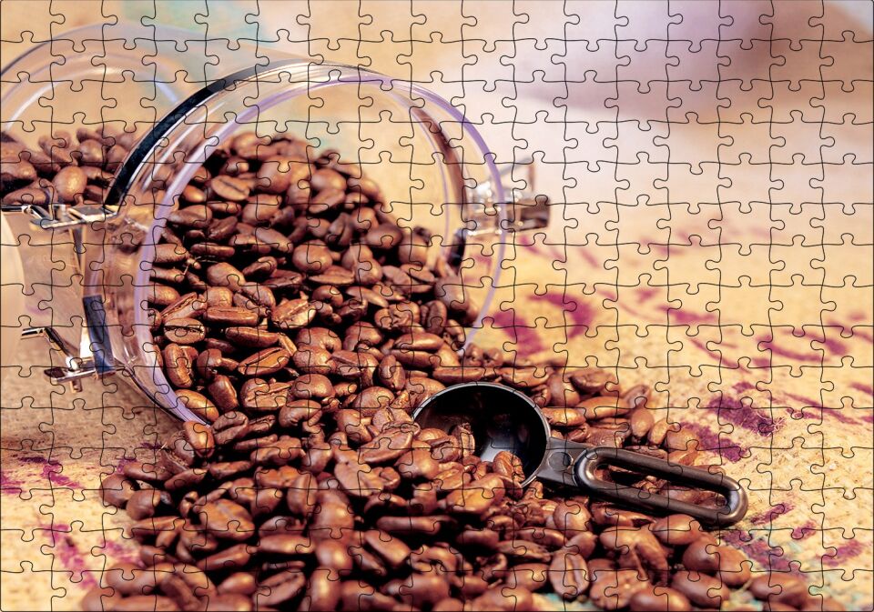 Cam Kavanoz Kahve Çekirdekleri Çuval Zemin Puzzle Yapboz MDF Ahşap 255 Parça 34 cm X 49 cm