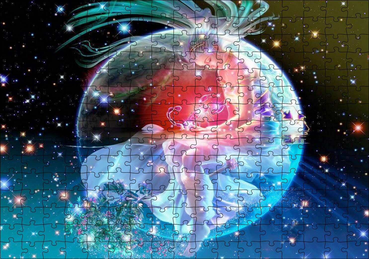 Kuşağında Oturan Kız ve Yıldızlar Puzzle Yapboz MDF Ahşap 255 Parça 34 cm X 49 cm