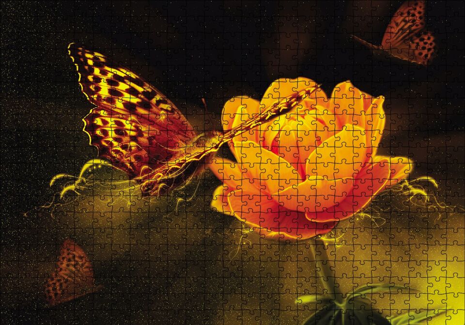 Işık Sarı Çiçek Kelebek Puzzle Yapboz MDF Ahşap 500 Parça 49 cm X 68 cm