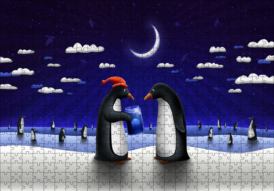 Penguenler Yılbaşı Hediyesi Denizanası Puzzle Yapboz MDF Ahşap 500 Parça 49 cm X 68 cm