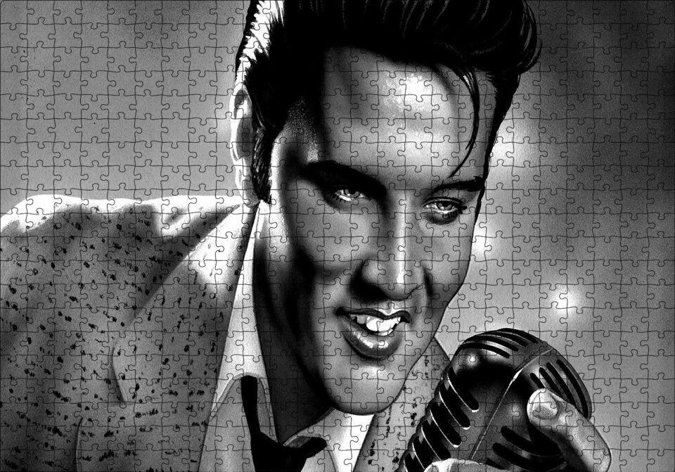 Elvis Presley Siyah Beyaz Çizim Puzzle Yapboz MDF Ahşap 500 Parça 49 cm X 68 cm
